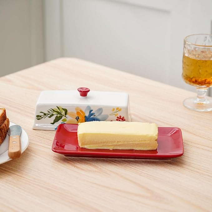 Butter Dish Ceramic Butter Keeper Butter Dish with Lid, Butter Container, RED