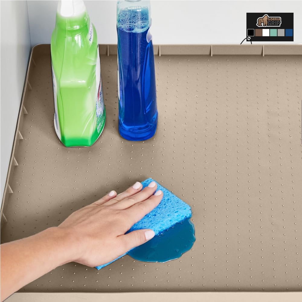 GORILLA GRIP Waterproof Silicone Under Sink Mat with Raised Lip for Kitchen and Bathroom, Cabinet Shelf Liner Stay in Place Mats Dishwasher Safe Drawer Liner, Organizer Tray, 19 x 34 in, Beige