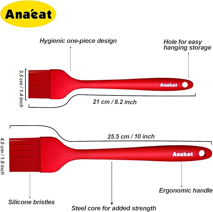 Anaeat High Heat Resistant Silicone Basting Pastry Brush Set of 2- Hygienic One-Pieces Design Spread Oil Butter for BBQ Grill Barbecue Baking Kitchen Cooking - BPA Free & Dishwasher Safe (10"+8.2")