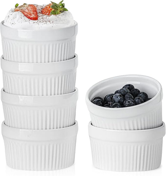 Hasense Ceramic Ramekins, 8 oz Creme Brulee Ramekins Set of 6, Porcelain Souffle Cups for Pudding, Dipping Sauce, Ice Cream, Custard, Ceramic Baking Dish, Dishwashing Safe, White