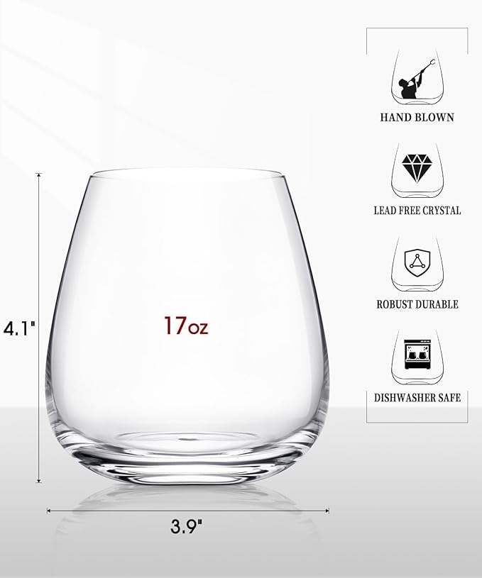 LUNA & MANTHA Stemless Wine Glasses Set of 4(17oz),Hand Blown Crystal for Red & White Wine, Ideal for Daily Use & Special Occasions,|Perfect Gifts for Men, Women