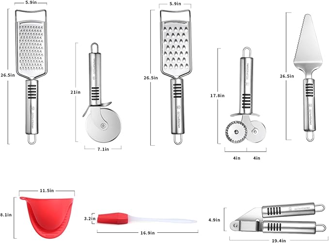 Pizza Cutter Set Stainless Steel Kitchen Gadget Set (6 PCS Set) - Includes Pizza Cutter Wheel, Chocolate & Cheese Grater, Serrated Pie & Cake Server, Garlic Press, Free Brush and Bonus Oven Mitt