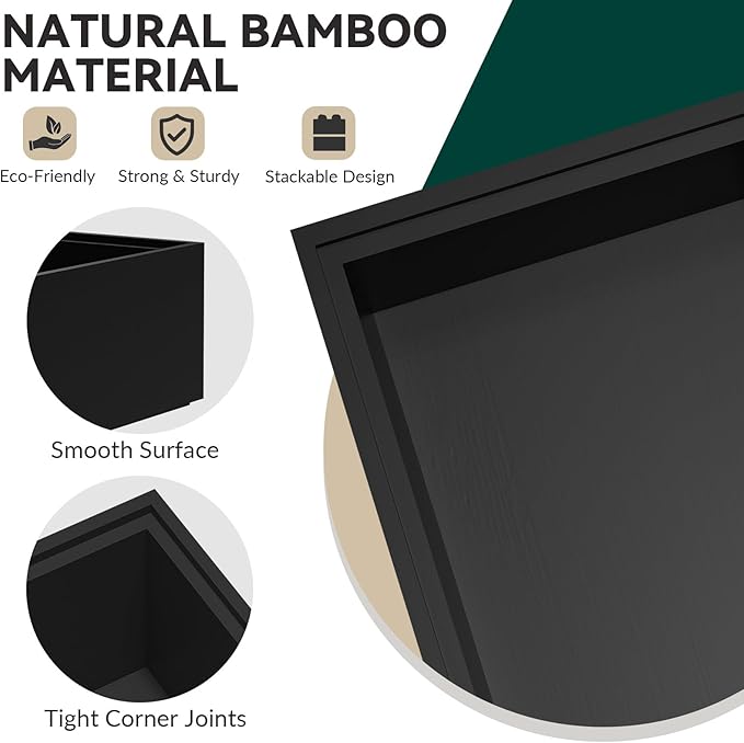 Bamboo Drawer Organizer, Extra Large Silverware Organizer for Kitchen Drawer, Stackable Utensil Organizer, 2 Pcs Toilet Tank Topper Tray, Wooden Toilet Paper Basket (Black, 17 X 6 X 2 Inch)