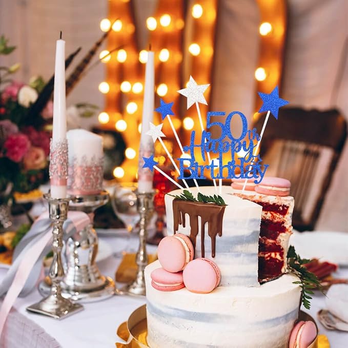 Glittery 50th Happy Birthday Cake Topper with Star,Personalised 50 Birthday Cake Toppers Party Decorations Party Supplies for Men Women Blue
