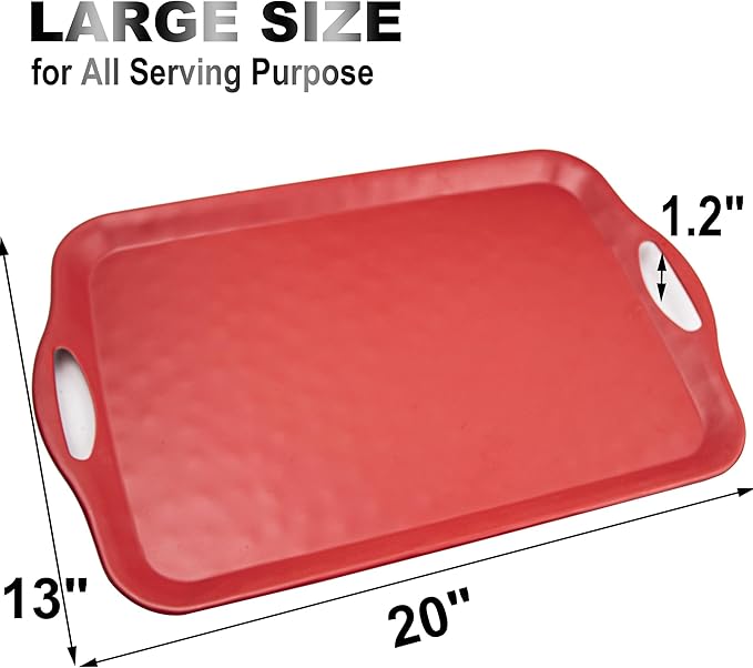 Extra Large Serving Tray with Handles, 20x13 inch, Set of 2 Melamine Platters for Serving Food, Turkey, Cookie, Rectangular Trays for Eating, Raised Dots Matt Finished, Dishwasher Safe, Red