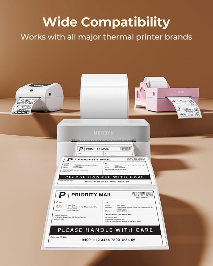 MUNBYN 4” X 3” Direct Thermal Labels, White Thermal Printer Stickers, Strong Adhesive, Labels Paper for Mailing, Barcode, 500 Sheets/1 Roll