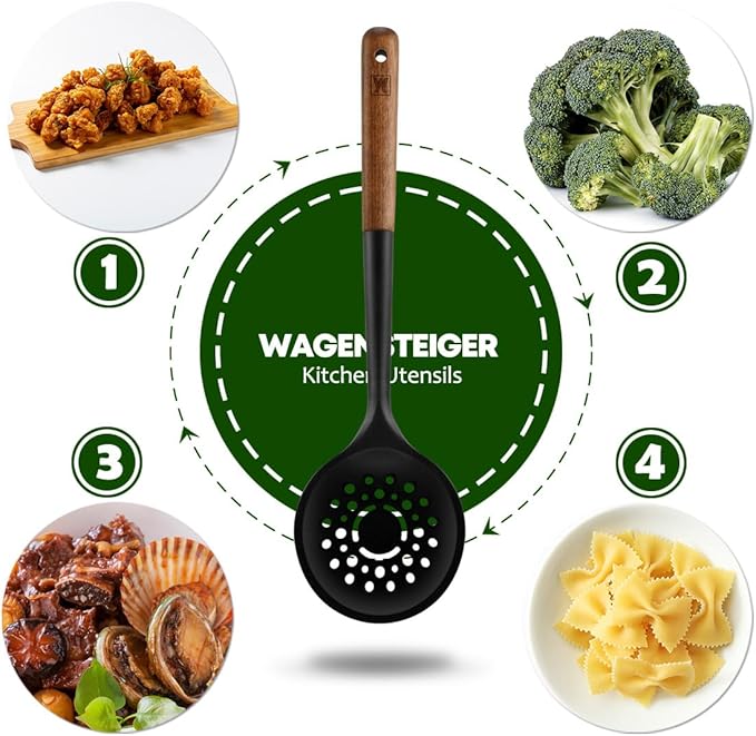 Silicon Cooking Skimmer Ladle with Wooden Handle: Slotted Cooking Spoon for Deep Frying Food, Food Separator, Heat Resistant, BPA Free, Gentle Head Design for Non-Stick Cookware