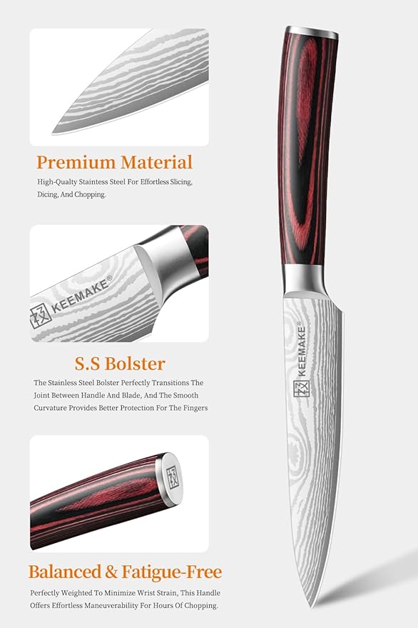 KEEMAKE Kitchen Utility Knife, 5 Inch Chef Knife,Ultra Sharp High Carbon Stainless Steel,Tomato Knife for Fruit and Vegetable Cutting with Ergonomic Handle, Paring Knife for Kitchen