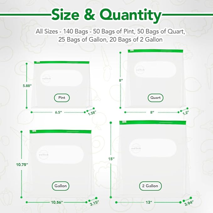 Slider Storage Bags Variety Pack 145 Count — Pint, Quart, Gallon, 2 Gallon Sizes — Expandable Bottom, BPA Free, Microwave Safe, Freezer Safe