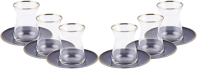KARACA Retro Anthracite Tea Set for 6, 6 Turkish Tea Glasses, 12 Pcs, Gold Decal Details