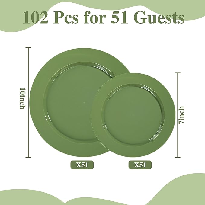 I00000 102 Pcs Green Plastic Plates, Green Disposable Plates Include 51 Dinner Plate 10’’ and 51 Dessert Plate 7’’ Perfect for Birthday, Party & Wedding