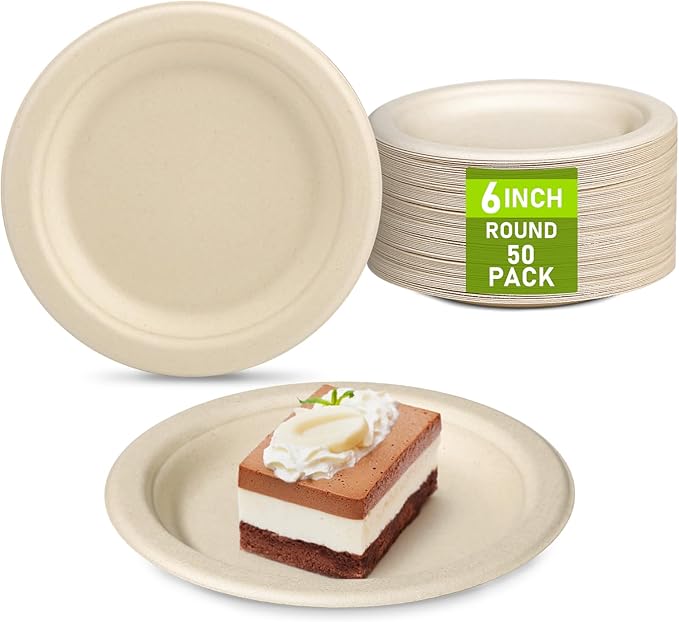 Small Eco Friendly Disposable Paper Plates, 50 Pack 6 inch Biodegradable Compostable Recycled Paper Dessert Plates