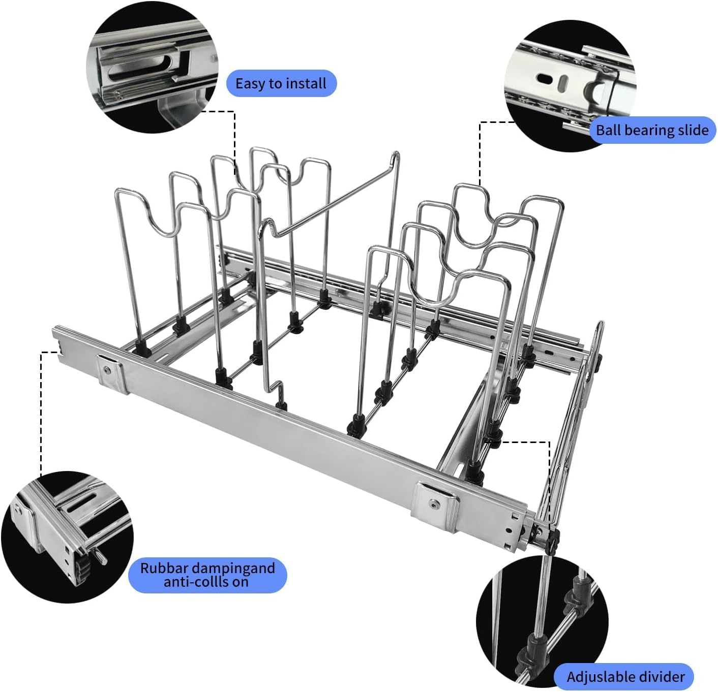 Pots and Pans Pull Out Organizer Under Cabinet, Adjustable Slide Out Pan and Pot Lid Rack Holder, Wire Dividers Kitchen Organization And Storage, Full-Extension Rail 12" W X 20" D