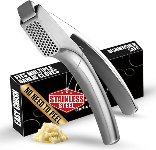 No Peeling Required Garlic Press Stainless Steel with Detachable Handle for Fine Mincing-Premium Garlic Mincer Tool, Rust-Proof, Easy to Clean, Dishwasher Safe Garlic Crusher with Lifetime Replacement