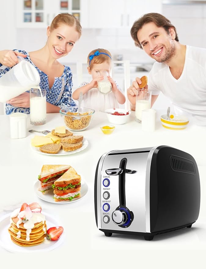 Toaster 2 Slices, Stainless Steel JEWJIO Retro Toaster with 1.5" Extra Wide Slot for 6 Bread Shades Setting/Bagel/Defrost/Reheat/Cancel Function/Removable Crumb Tray 800W, Matte Black