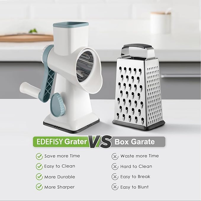 Cheese Grater Hand Crank Rotary Vegetables Shredder with Handle, 3-in-1 Graters with Interchangeable Blades and Strong Suction Base Multifunctional Slicer for Kitchen,white