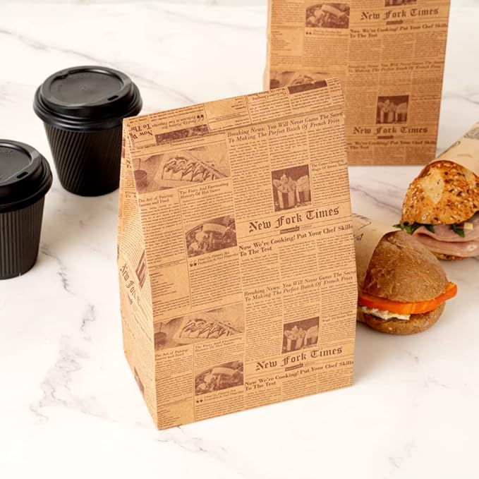 Restaurantware Bag Tek 6 Lb Disposable Lunch Bags 100 Sturdy Take Out Bags - Flat Bottom Microwavable Kraft Newsprint Design Paper Bags Freezable Great For Restaurants Cafes And Bakeries
