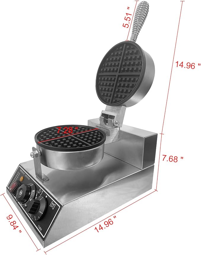 Commercial Waffle Maker for Home and Restaurant,1200 W Nonstick Waffle Iron, Single Head Stainless Steel Waffle Maker,No Rotation