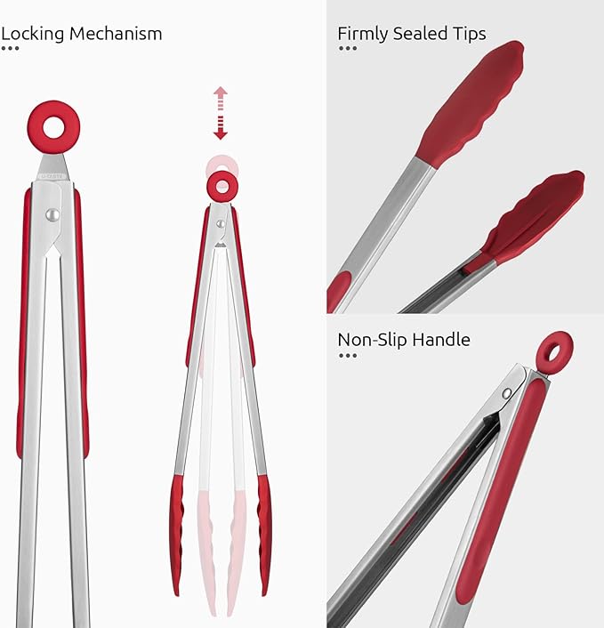 Heat Resistant Silicone Kitchen Tong: U-Taste 12 inch Large 480ºF Hot Proof Cooking Tong with Sturdy Non Stick Rubber Tips & Silicon Coated Steel Handle & Smooth Locking for Serving Grill Salad (Red)