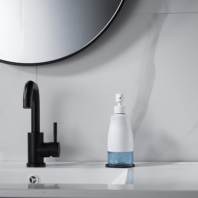 White Soap Dispenser with Coaster and Stickers, Stainless Steel and Glass Bottle Hand Pump Dispenser, Refillable Liquid Hand Soap Dispenser for Bathroom & Kitchen (11OZ / 320ML)