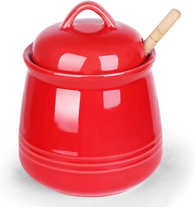 HAOTOP Ceramic Honey pot with Lid and Honey Dipper,Porcelain Honey Jar Easy to Clean and Dishwasher Safe,12oz (Red)