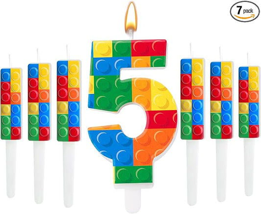 7 Pcs Building Block Themed Birthday Candles Set Building Blocks Number 5 Candle Cake Topper for Building Block Party Decoration Supplies (Number 5)
