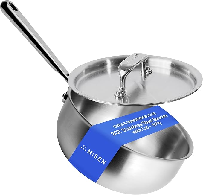 Misen 5-Ply Stainless Steel Saucier with Lid– Induction-Compatible Pan with Curved Sides for Smooth Stirring - Oven Safe to 800F – Even Heat Distribution & Ergonomic Handle - 2 QT