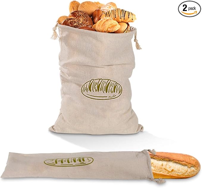 Ahyuan Natural Linen Bread Bags 2Pack 100% Flax Linen for Homemade Bread Reusable Food Storage Bags Reusable Bread Bags for Large Loaf Bakery & Baguette (Rectangular)