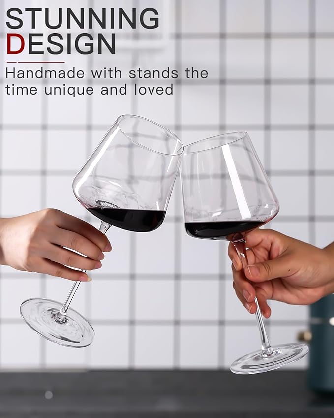 White Red Wine Glasses Set of 6 – 18oz Clear【Hand Blown】 Crystal Wine Glass – Tall Long Stem Modern Wine Glasses – Square Wine Glass with flat bottom – Unique gifts for Wedding,Brithday,anniversary