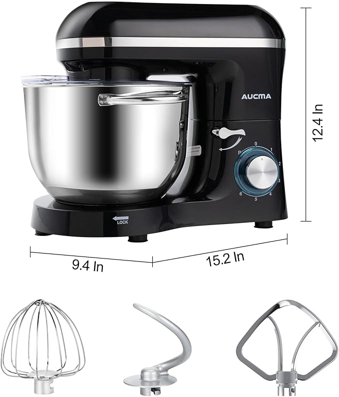 Aucma Stand Mixer,6.5-QT 660W 6-Speed Tilt-Head Food Mixer, Kitchen Electric Mixer with Dough Hook, Wire Whip & Beater (6.5QT, Black)