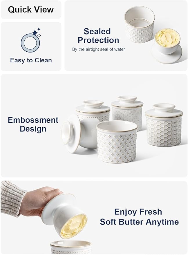 LE TAUCI Butter Crock, Butter Dish with Lid, Butter Container for Counter with Water Line, Embossed French Butter Keeper for Spreadable Butter, Suit For Housewarming - Set of 1, Arctic White,Fireworks