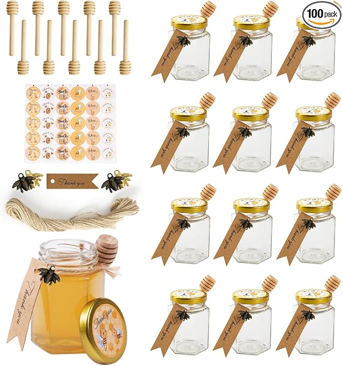 12 Pack 4oz Glass Hexagon Honey Jars Golden Lids - Extra Wooden Honey Dipper Sticks, Bee Charms, Tag String, Thank You Gift Tags, Stickers (Bronze 12 Sticker)