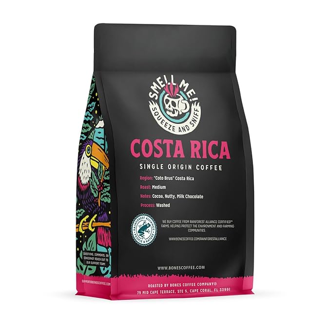 Bones Coffee Company Costa Rica Single-Origin, Cocoa, Nutty and Milk Chocolate Notes, Ground Coffee Beans, Low Acid Medium Roast Arabica Beans Flavored Coffee for Auto drip Coffee Maker, 12 oz Ground