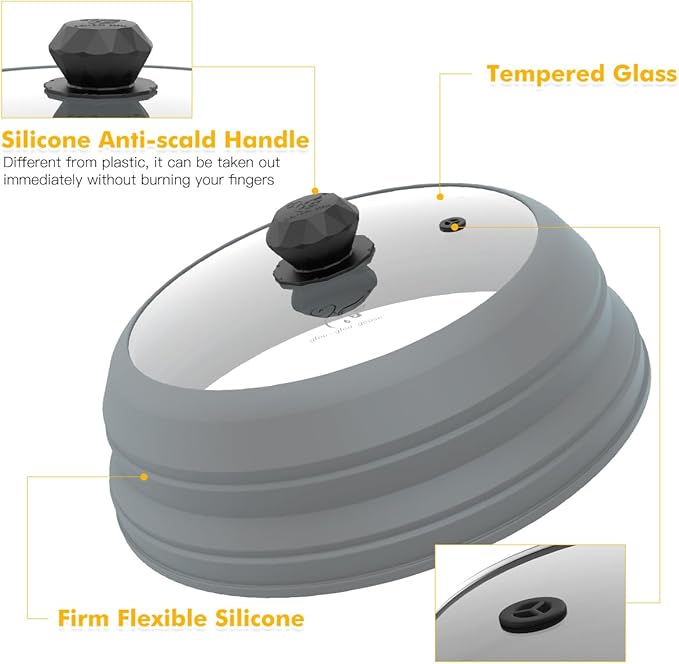 Microwave Splatter Cover Vented Glass Splatter Guard Lid with Collapsible Silicone for Food as Pot Cover Plate 9.8 inch Light Grey