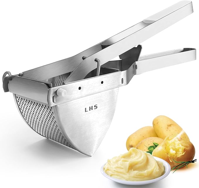 LHS Stainless Steel Potato Ricer and Masher, Heavy Duty Commercial Food Masher, Ergonomic Comfort Grip, Extra Large Capacity, Dishwasher Safe (White)