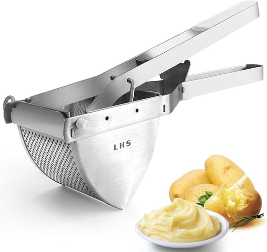LHS Stainless Steel Potato Ricer and Masher, Heavy Duty Commercial Food Masher, Ergonomic Comfort Grip, Extra Large Capacity, Dishwasher Safe (White)