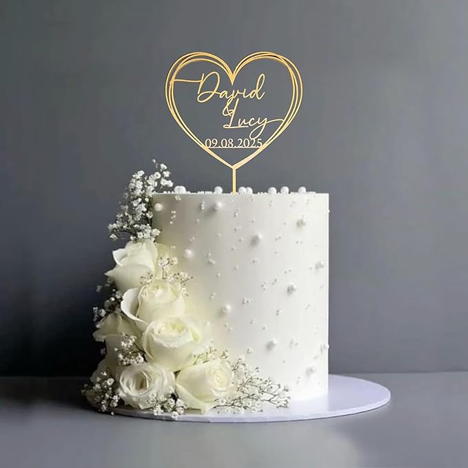 Personalized Wedding Cake Topper, Gold Cake Topper For Wedding, Rustic Weddings Cakes Topper, Personalized Acrylic or Wood Cake Decoration for Engagement, Anniversary, Bridal Shower 2