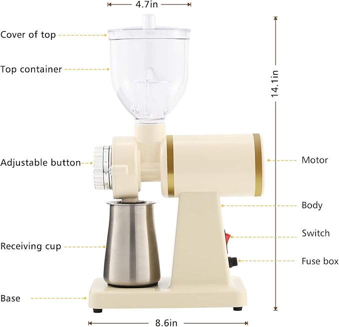 Electric Coffee Grinder Burr Espresso Coffee Bean Grinder Small Automatic Stainless Steel Coffee Mill With Brush, Creamy White