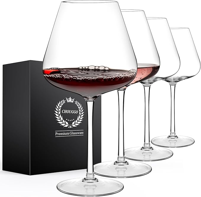 Chouggo Super Large 28Oz Wine Glasses Set of 4, Hand Blown Crystal Red Wine or White Wine Burgundy Glass, Hand Crafted by Artisans - Gifts for Women, Men, Wedding, Anniversary, Christmas, Birthday