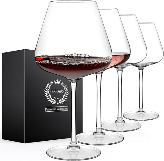 Chouggo Super Large 28Oz Wine Glasses Set of 4, Hand Blown Crystal Red Wine or White Wine Burgundy Glass, Hand Crafted by Artisans - Gifts for Women, Men, Wedding, Anniversary, Christmas, Birthday