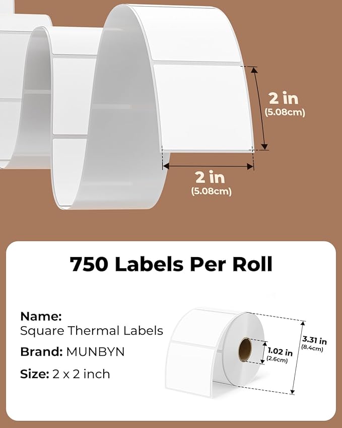 MUNBYN 2"x2" Square Thermal Labels, Compatible with Multiple Thermal Printers, Strong Adhesive, White Address Labels for Barcode, 750 Sheets/Roll