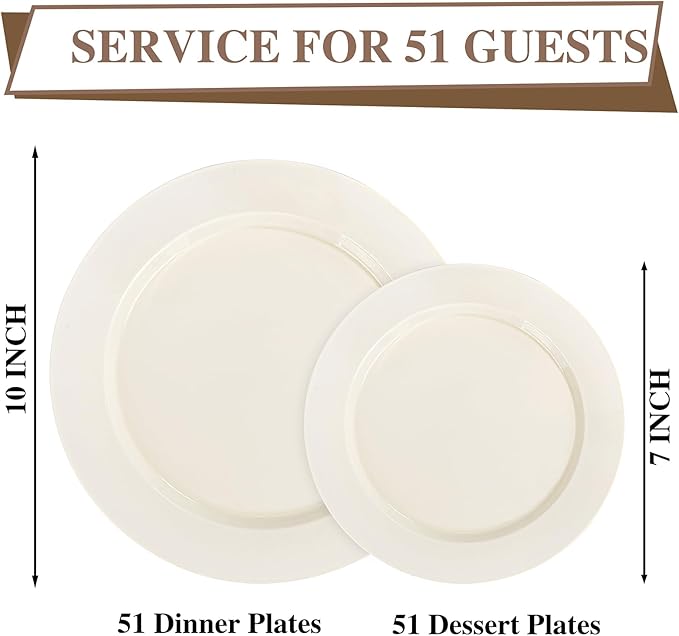 I00000 102 Pcs Ivory Plastic Plates, Disposable Party Plates Include 51 Ivory Dinner Plate 10’’ and 51 Plastic Dessert Plate 7’’ Perfect for Birthday, Party & Wedding