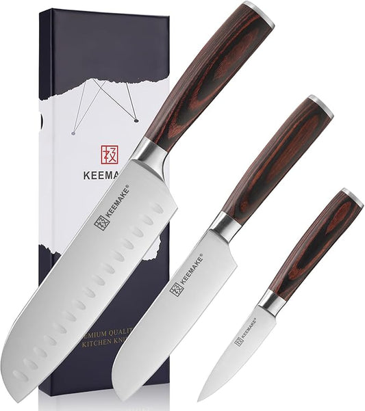 KEEMAKE Santoku Knife Set of 3pcs, Japanese Chef Knife Sets with German High Carbon Stainless Steel 1.4116 Kitchen Knives, Pakkawood Handle Cutting Knives