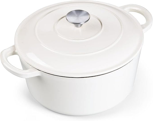 E-far 7QT Enameled Dutch Oven, Cast Iron Dutch Oven Pot with Lid for Cooking/Bread Baking/Braising/Roasting/Stewing, Heavy Duty Round Nonstick Cookware Safe for Induction & Oven - White