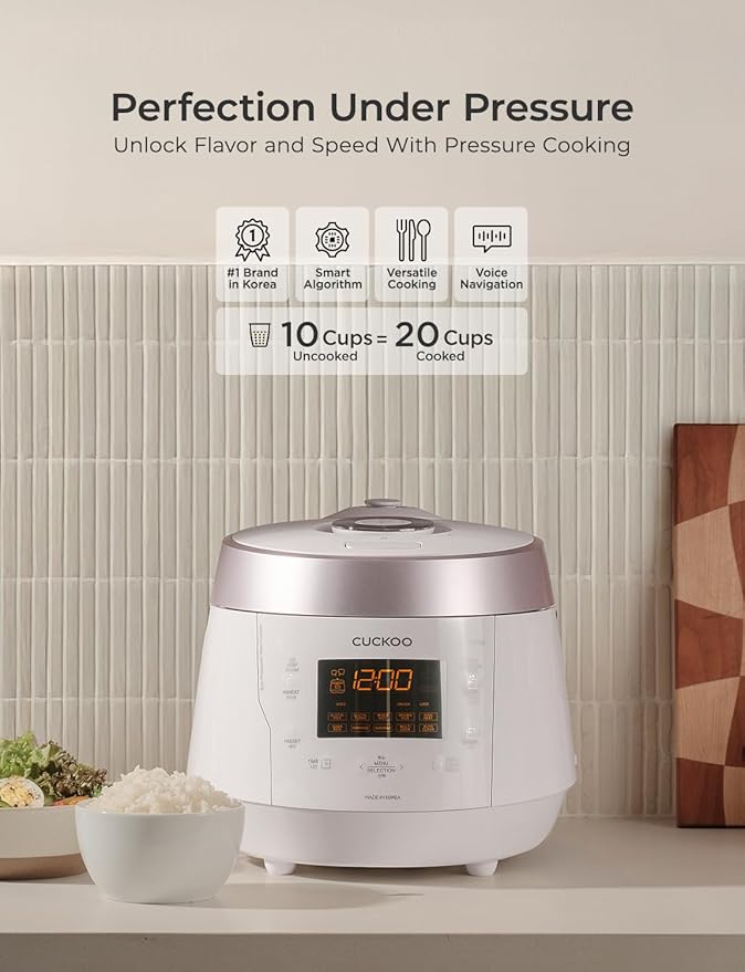 Cuckoo Heating Pressure Cooker & Warmer – 12 built-in programs, Glutinous (white), Mixed, Brown, GABA rice, and more, 10 cups