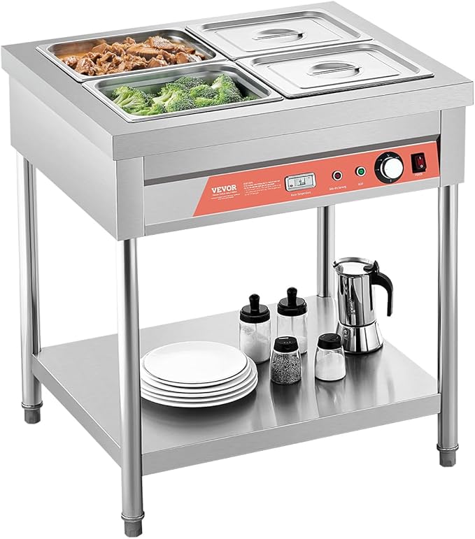 VEVOR 4-Pan Commercial Food Warmer, 4 x 1/2 Pans Electric Steam Table, 1500W Professional Buffet Catering Food Warmer with Undershelf, Stainless Steel Server for Restaurant Party Hotel