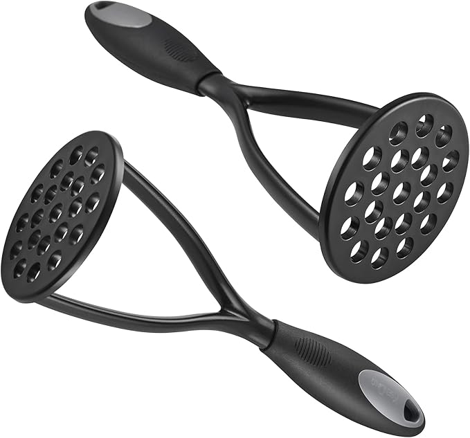 KSENDALO Nylon Potato Masher Set of 2, Thick Nonstick Food Masher Comfortable Rubber Wrapped Handle European Imported Nylon Blade, Black