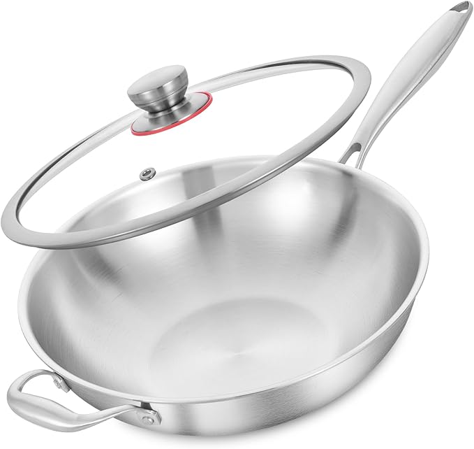 LOLYKITCH Tri-Ply 13 Inch Stainless Steel Wok Pan with Lid, Stir-Frying Pan,Induction Cooking Pan,Dishwasher and Oven Safe,Heavy Duty and Detachable handle.