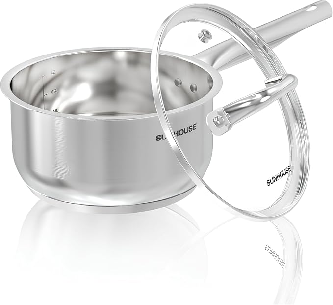 Sunhouse – 3 Quarts Stainless Steel Sauce Pan with Lid - PFOA-FREE, Stainless Steel Sauce Pan, Induction base, Stay-Cool Handle, Compatible with All Cooktops Gas, Geramic, Electric etc.