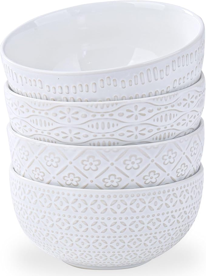 40 OZ Large Cereal Bowls Set of 4, Farmhouse Embossment Ceramic Salad Bowls for Soup, Serving, Fruit, Snack, Noodle, Ramen, Pho, Microwave & Dishwasher Safe, 6.7 Inch White